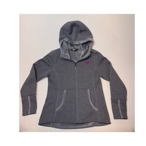 The North Face Womens Grey Sweater Knit Full Zip Fleece Hoodie Pink Logo Medium
